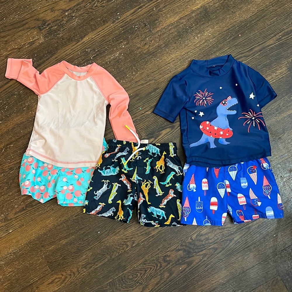 Cat and Jack swim trunks- 3 total- all size 2T with two rash guards